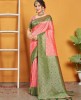 Premium Banarasi Woven Peach & Green Rich Pallu Saree with Tessels