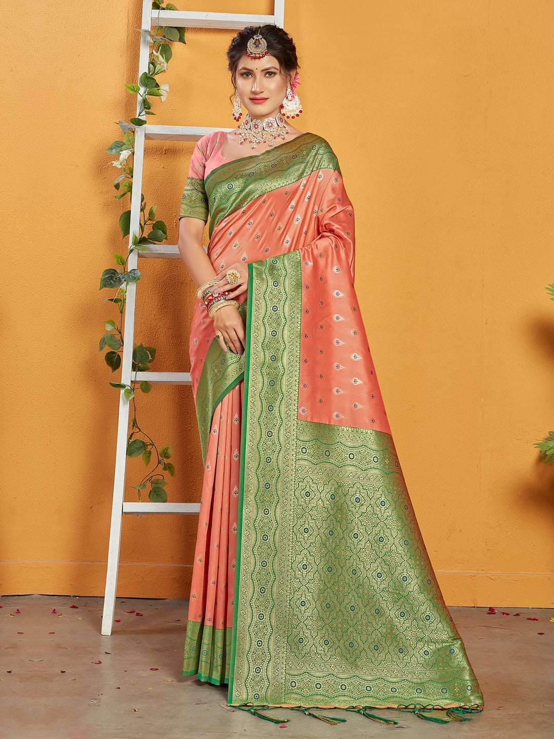 Premium Banarasi Woven orange & green Rich Pallu Saree with Tessels