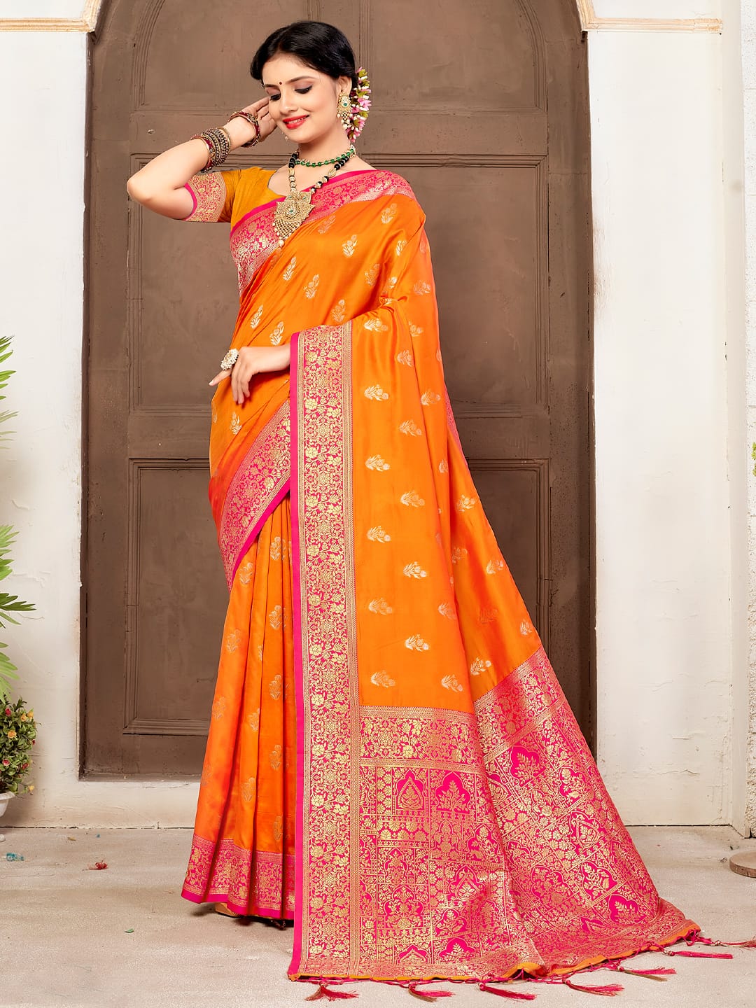 Exclusive Navy Mustard & Pink  Banarasi Silk Rich Pallu Saree With Fancy Tessels.