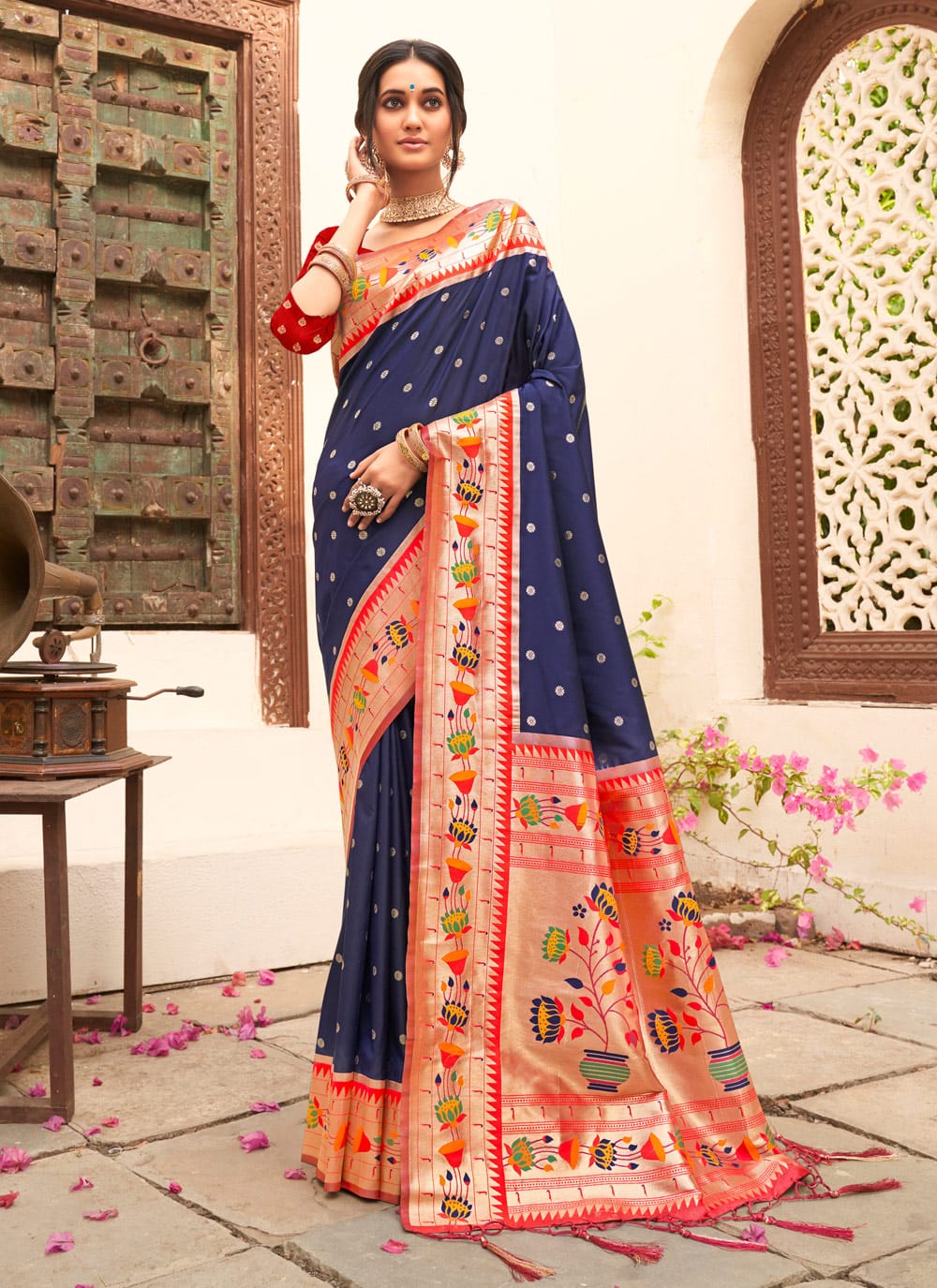 Best Dark Blue & Red Paithani Pure Silk With Weaving Zari Work Saree & Tessels on Pallu
