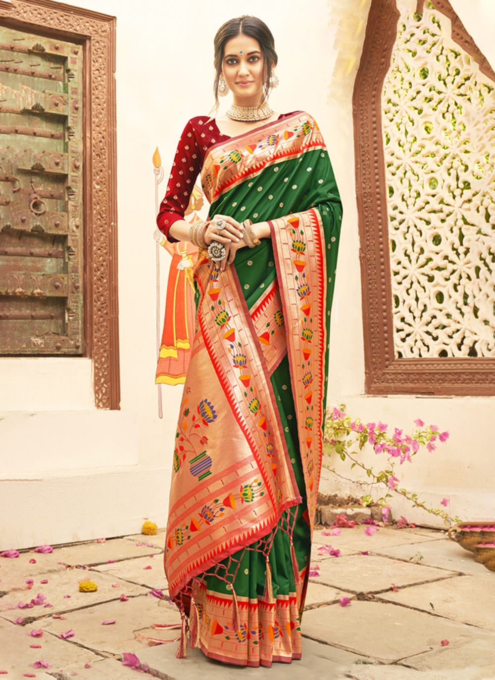 Best Dark Green & Maroon Paithani Pure Silk With Weaving Zari Work Saree & Tessels on Pallu