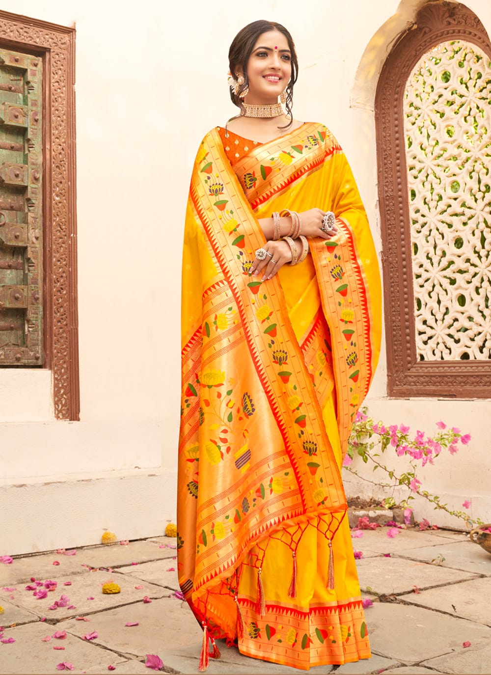 Best Yellow & Orange Paithani Pure Silk With Weaving Zari Work Saree & Tessels on Pallu