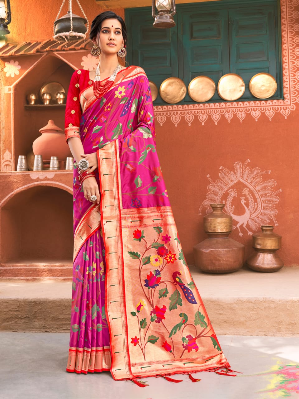Designer Pink Pure Floral Weaving Paithani Silk Saree with Rich Pallu & Tessels