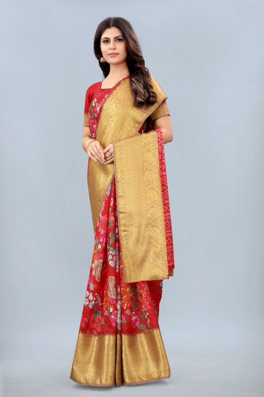  Chanderi  silk saree with digital HD print & Gold Zari kanchi Border