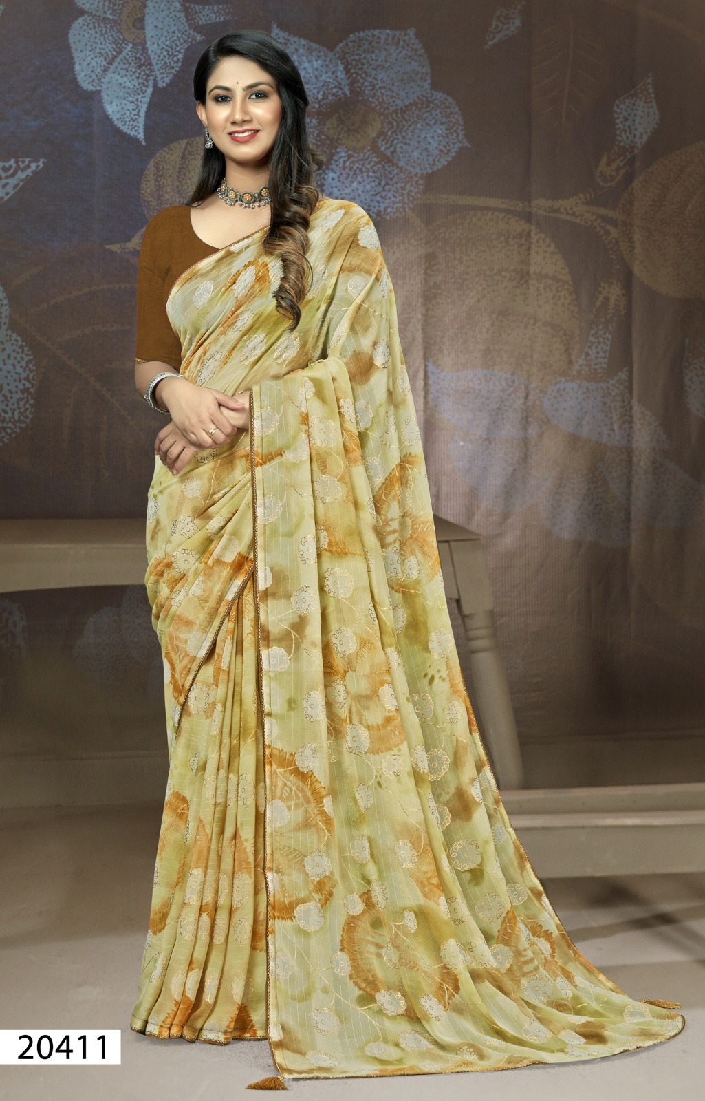 Beautiful Mehendi colour Geometrical Printed Saree with Blouse