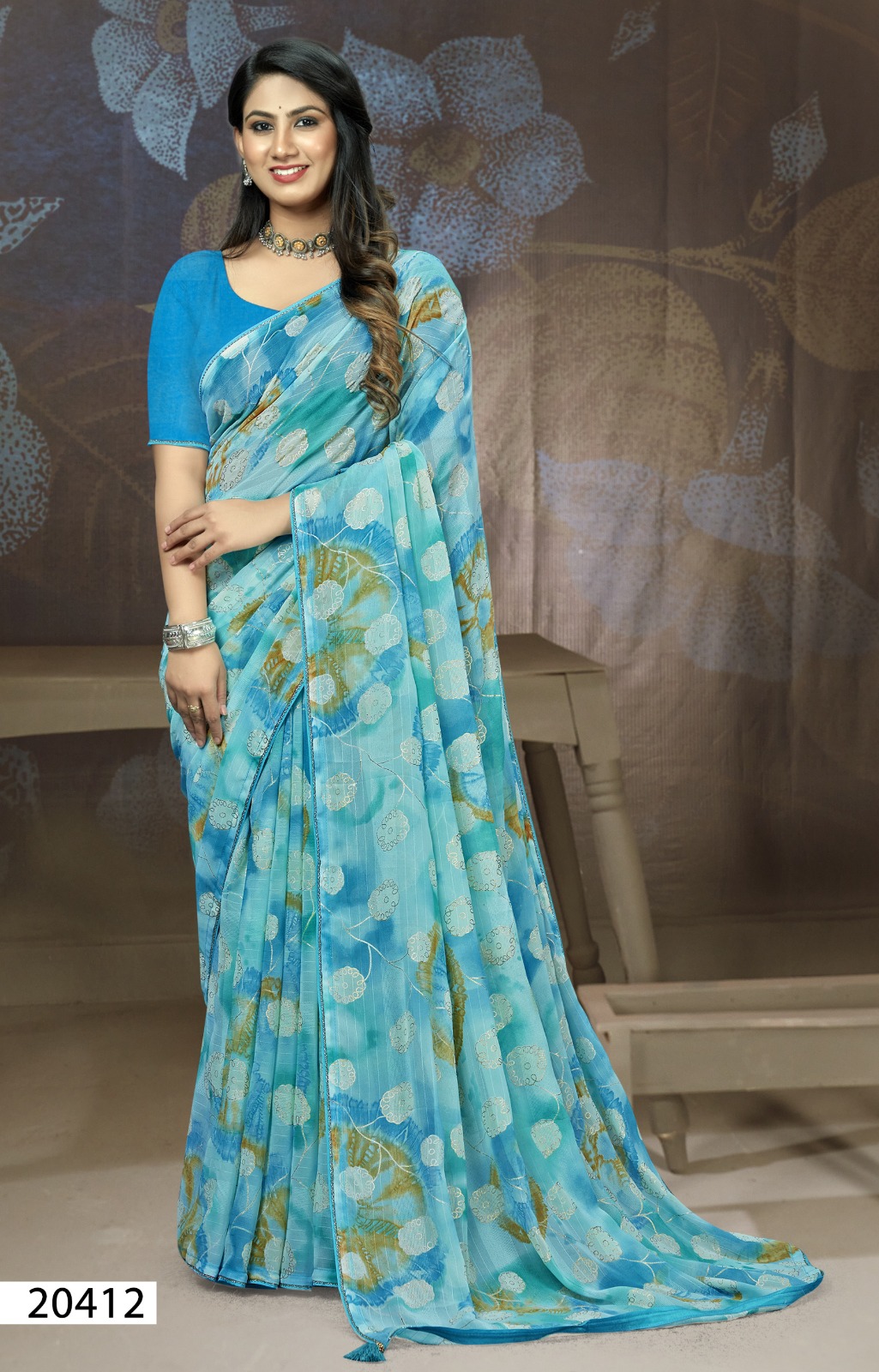 Classic Blue Coloured Pure Georgette Printed Saree with blouse