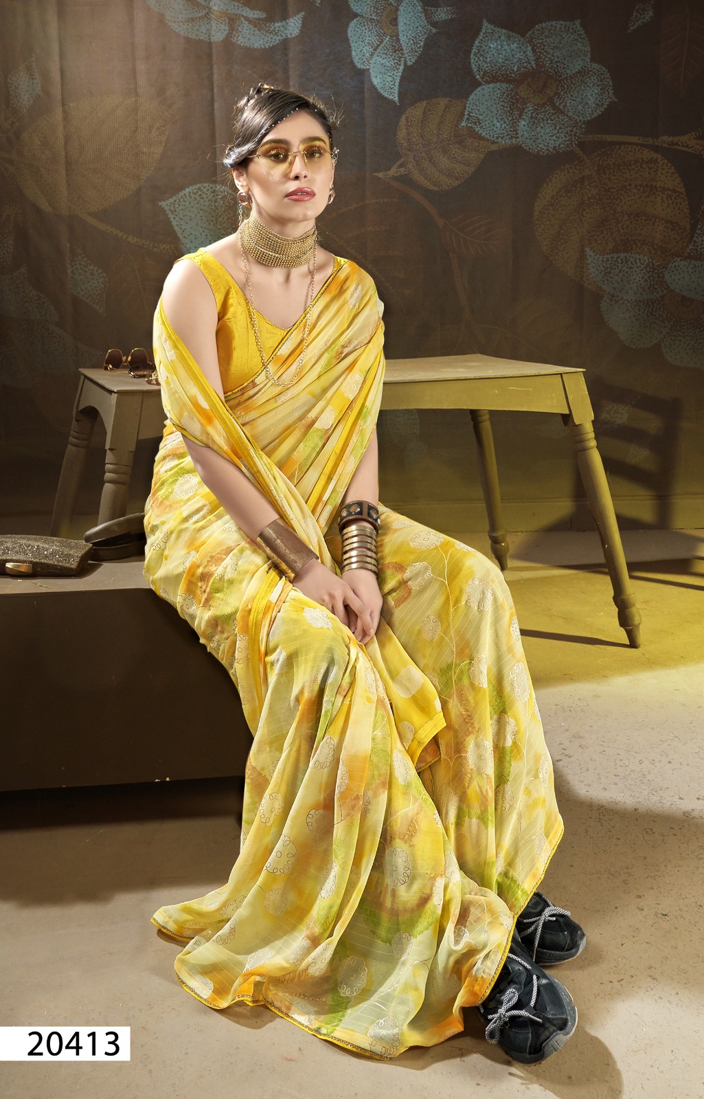 Elegant Lemon Colour Georgette Printed saree with blouse
