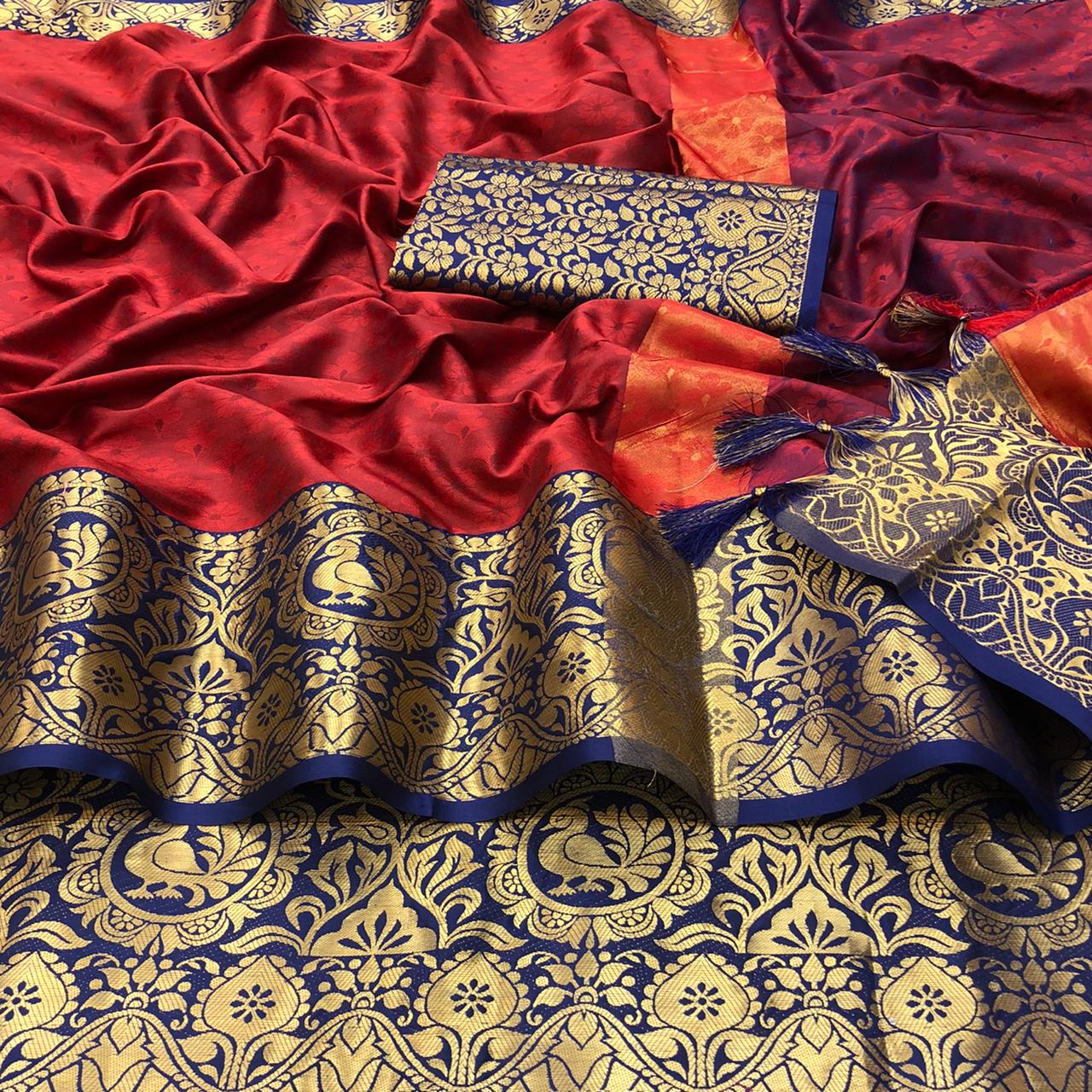 Red & Blue Soft Silk Saree With Designer Blouse