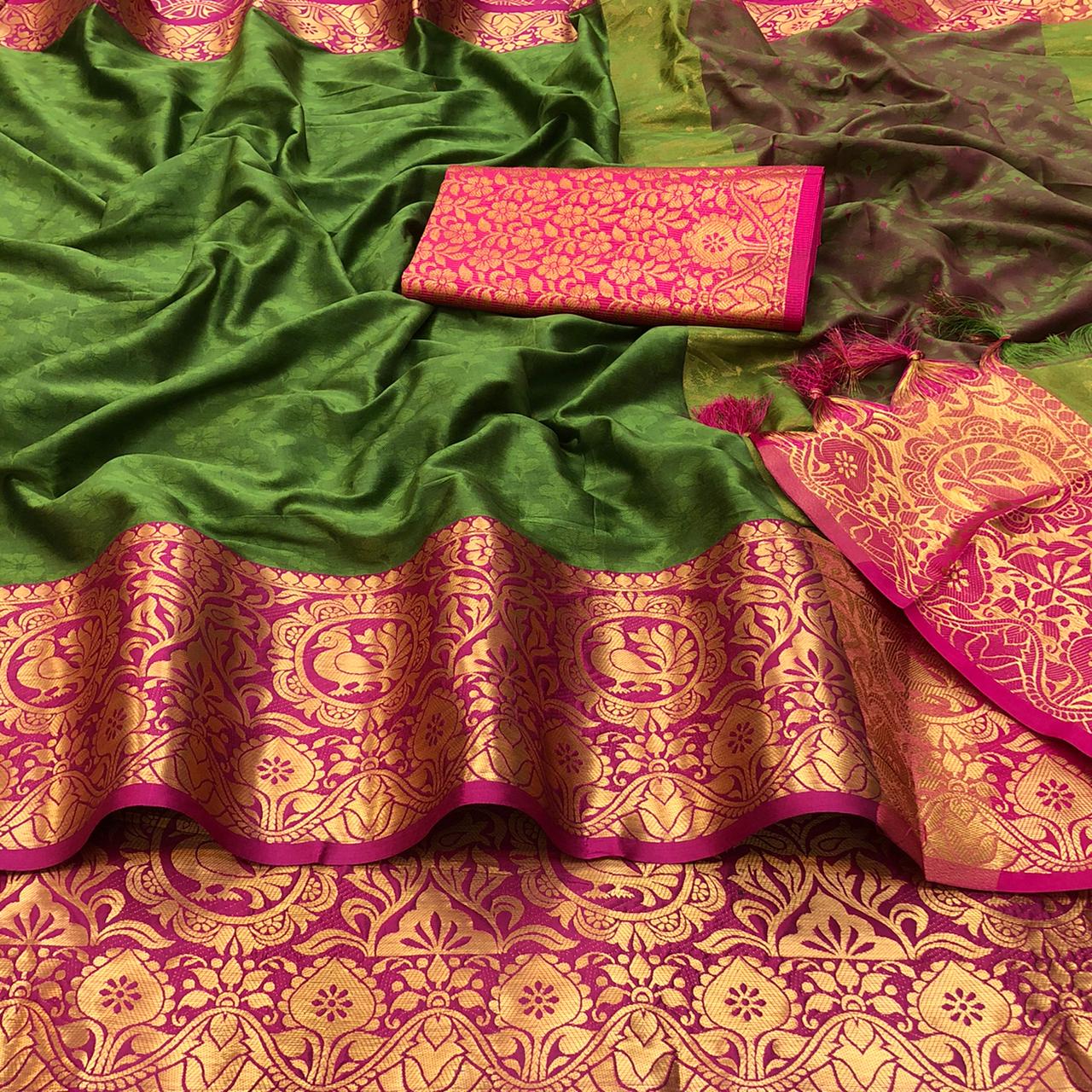 Mehendi & Pink Soft Silk Saree With Designer Blouse